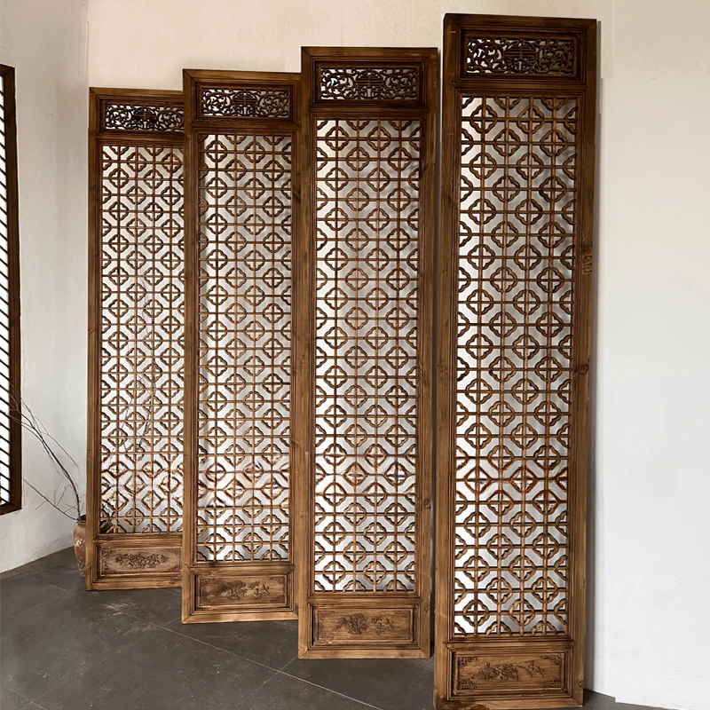 

Antique partition screen lattice tea room background wall retro doors and windows Dongyang wood carving old customization