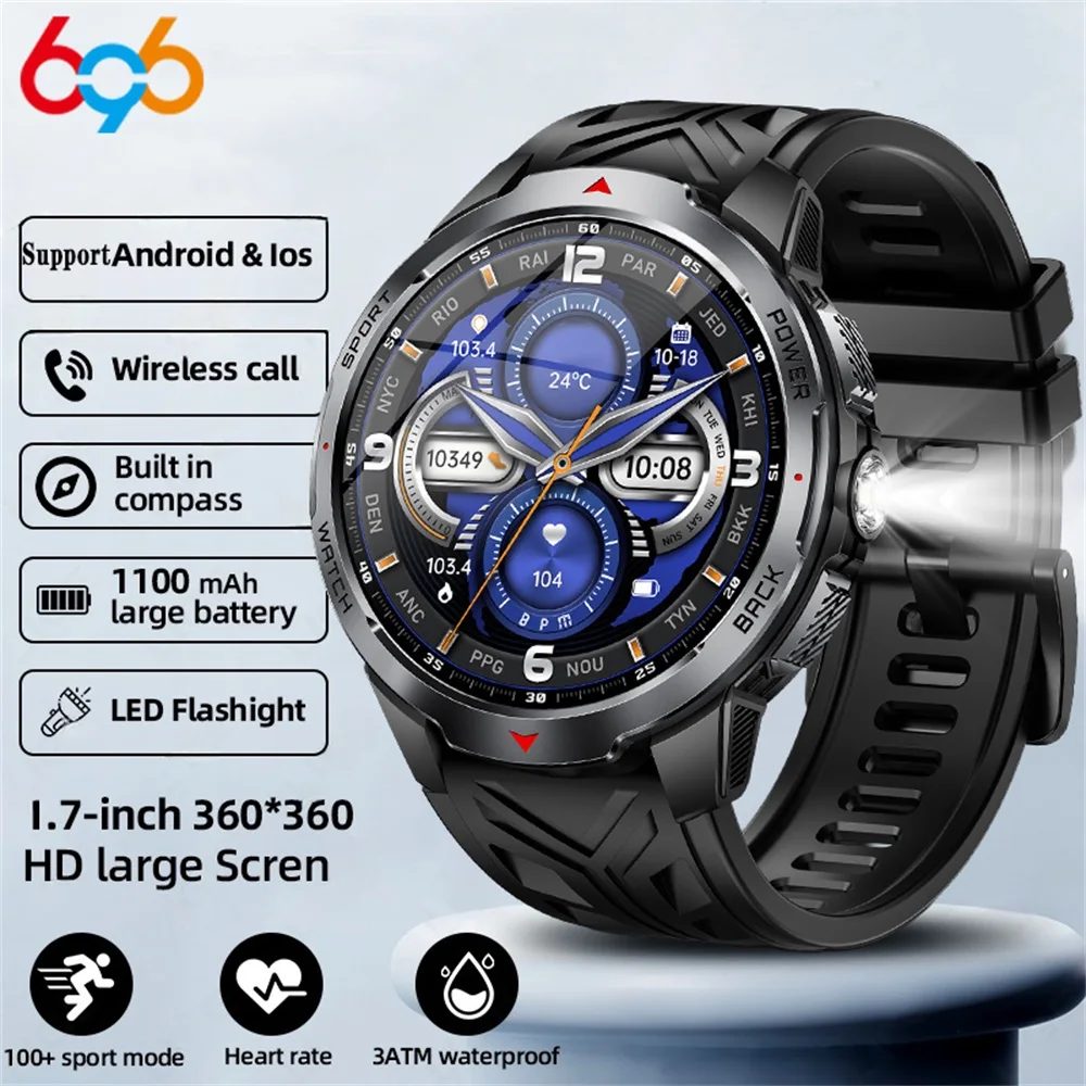 

3ATM Waterproof Smart Watches Men Flashlight Compass 1100mah Ultra Long Battery BT Call Sports Fitness Smartwatch Health Women