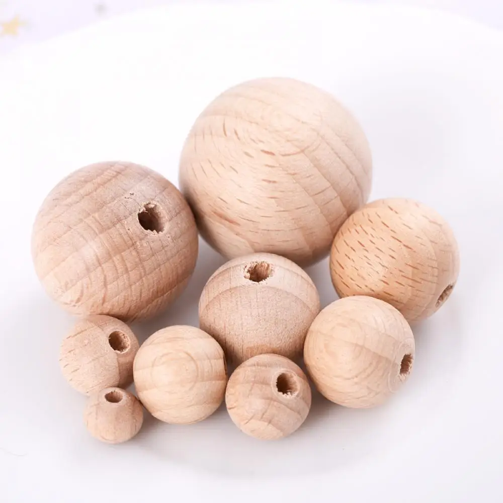 20-60Pcs Beech Ball Wood Spacer Beads 8-30mm Round Wooden Loose Beads For Charm Bracelet Baby Safe Teether Pacifier Chain