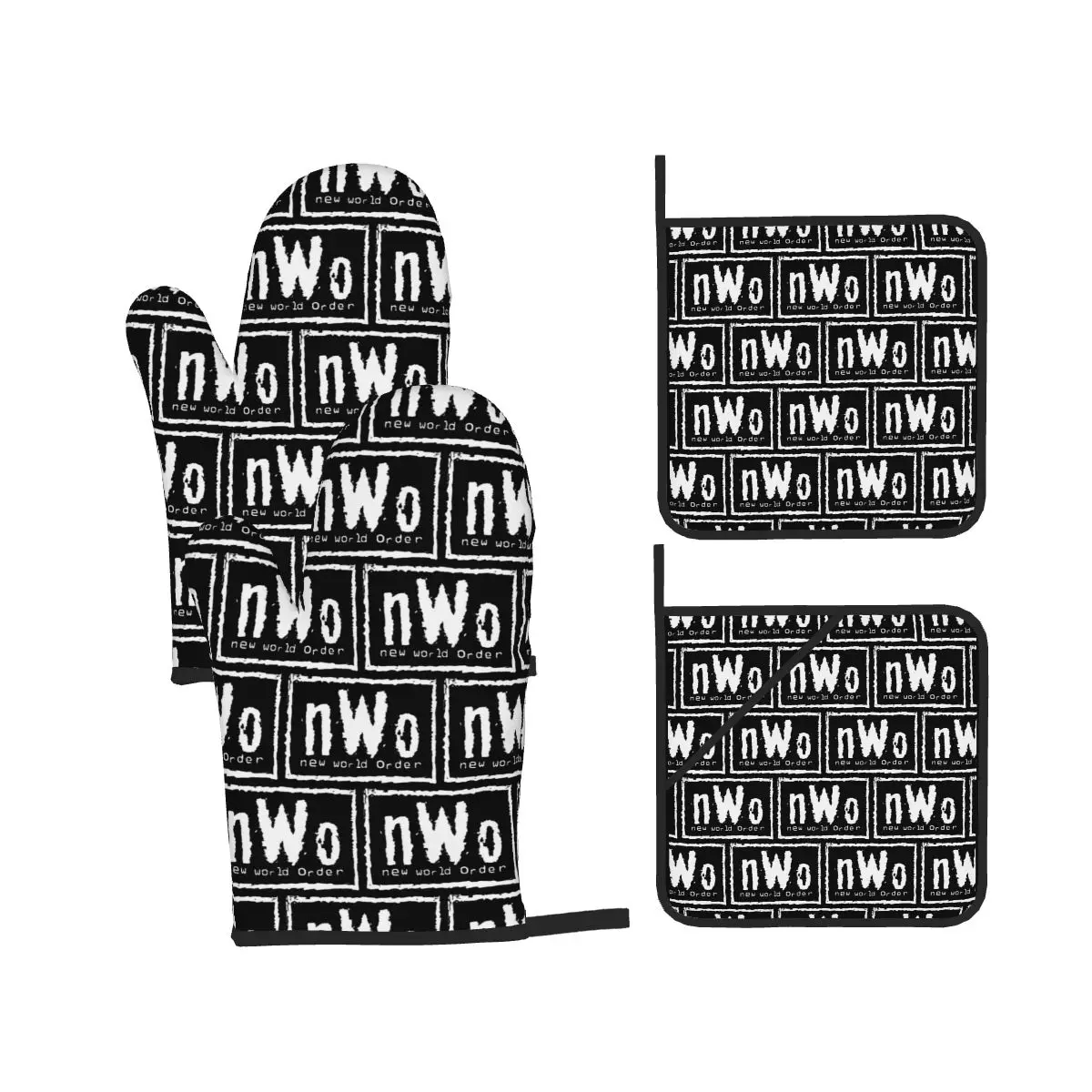NWO New World Order Wrestling Oven Mitts and Pot Holder Sets of 4 for Baking Kitchen Cooking Grilling Resistant Non-Slip Gloves