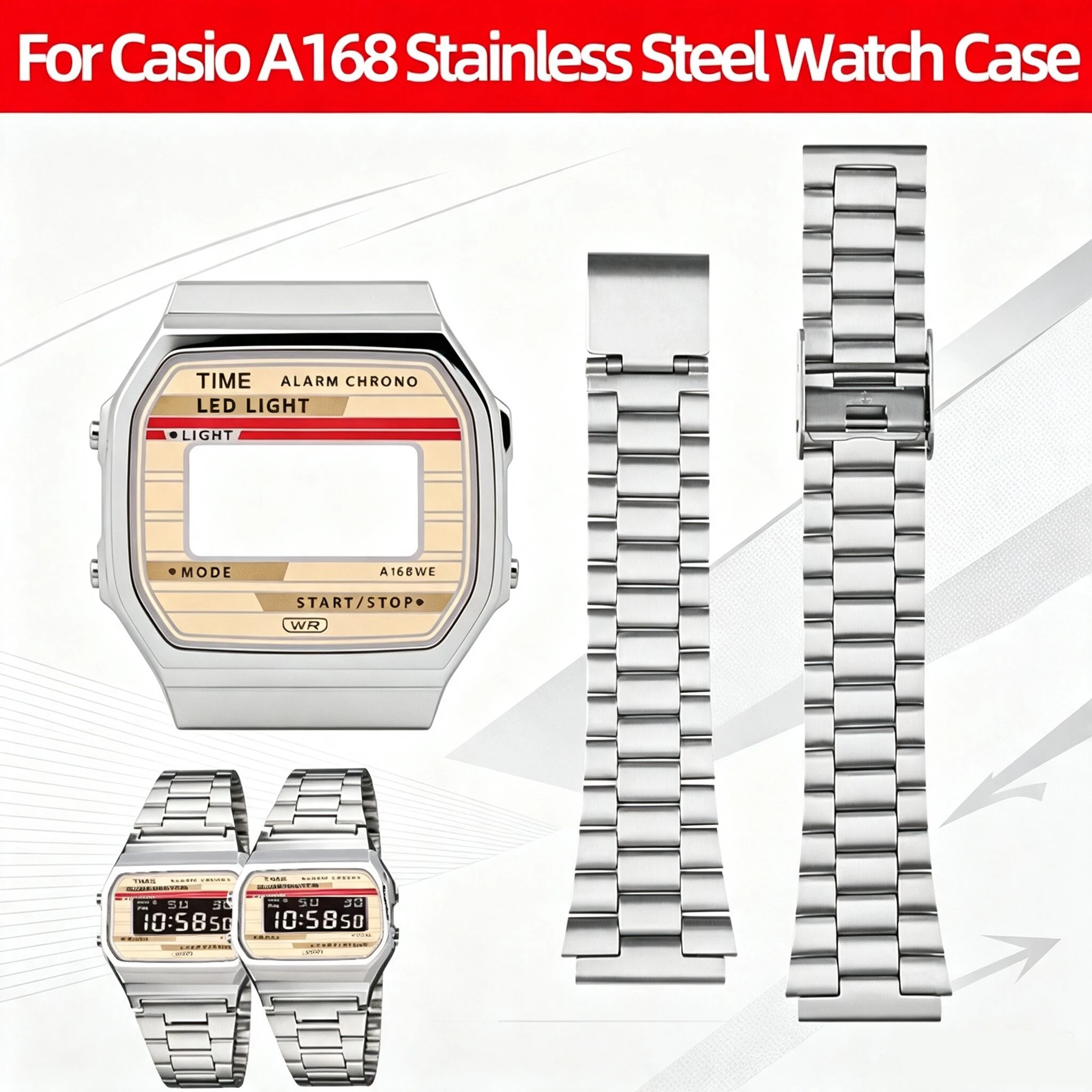 A168 Modifiziertes Uhren-Kit für Casio Small Square A168WGG A168WEHA Edelstahl-Uhrengehäuse Metallarmband A-168 Mod-Kit Uhrenteile