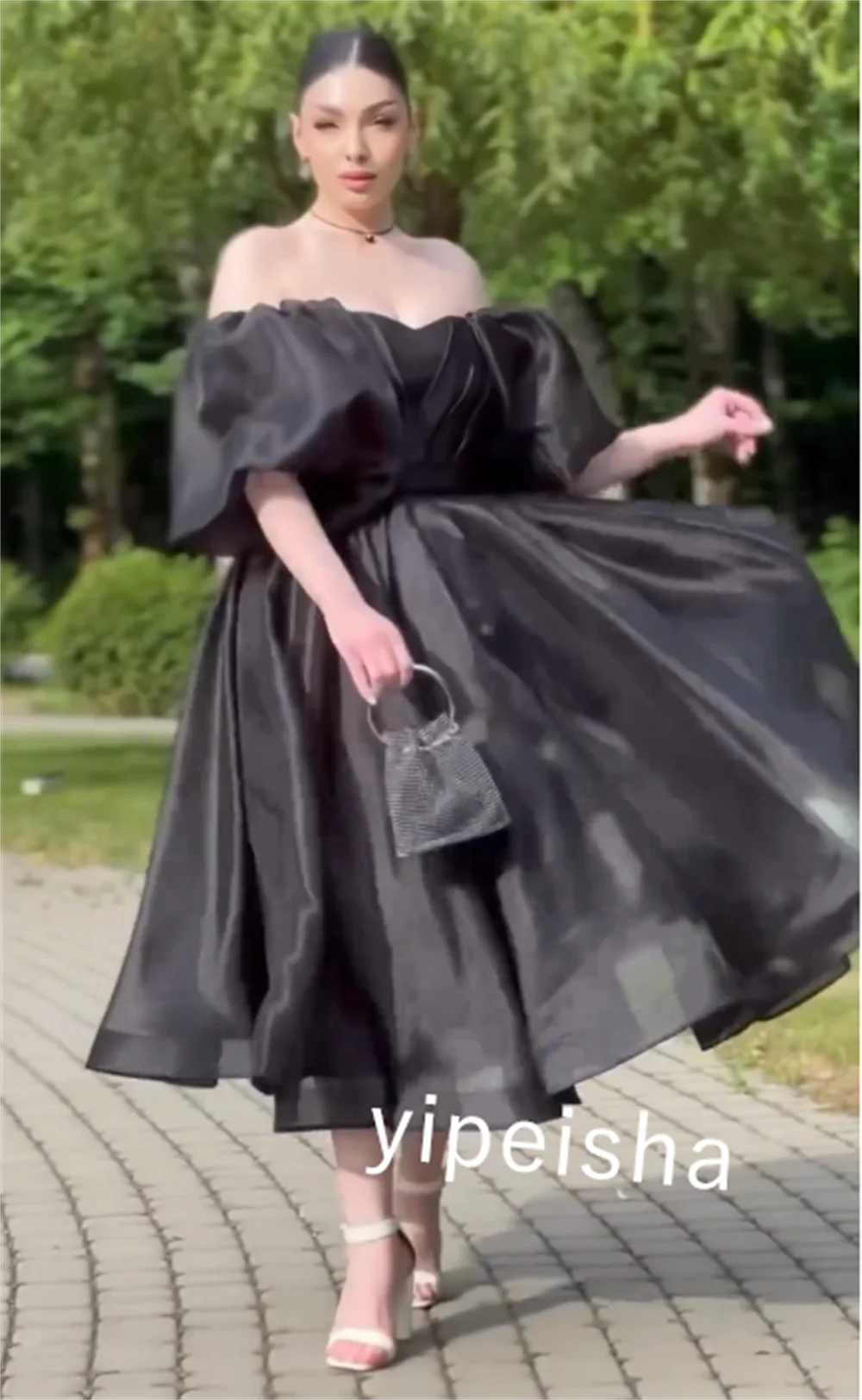 Vestido Midi de Organza con lazo, traje de compromiso, línea A, hombros descubiertos, a medida, para ocasiones