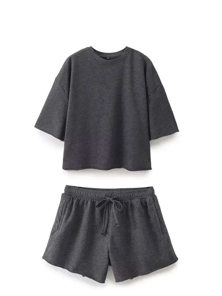 HH 여름 여성 빈티지 솔리드 반바지 세트 O넥 반팔 티셔츠 드로스트링 반바지 루즈 캐주얼 2024 여성 스포츠 세트