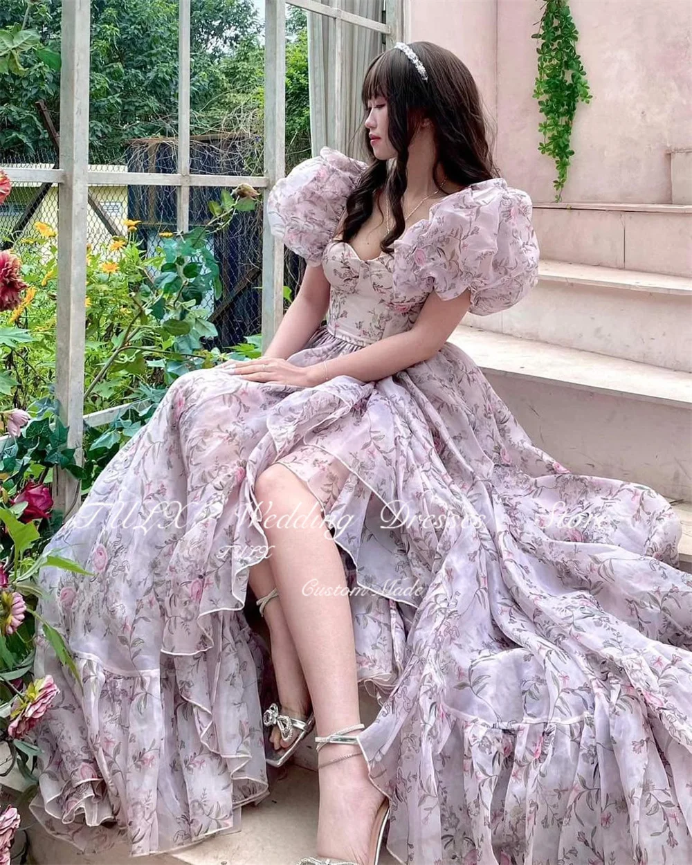 TULX – robe de soirée à imprimé floral violet, manches bouffantes, ligne A, longue à volants, robes d'occasion formelles personnalisées