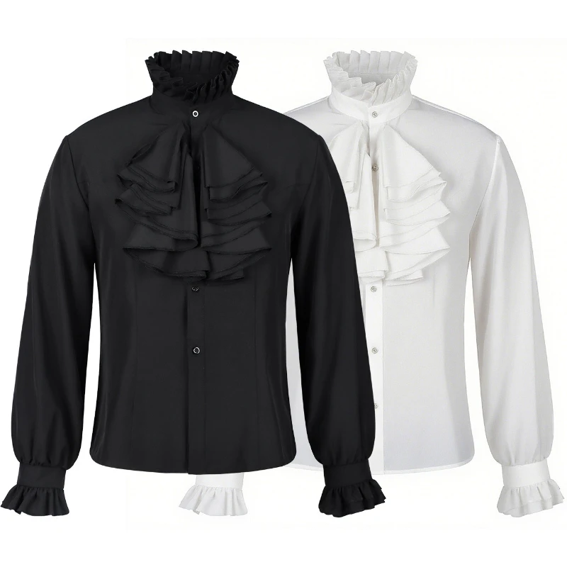 

2026 Черно-белые винтажные рубашки с воротником-стойкой и рюшами для мужчин, готические плиссированные манжеты, гламурная мужская рубашка в пиратском стиле