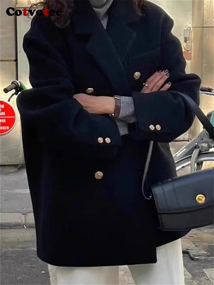 

BabYoung Turn Down Collar Wool Coats For Women 2024 New Fashion Double Breasted Jacket Fall Winter Casual Solid Pockets Jackets