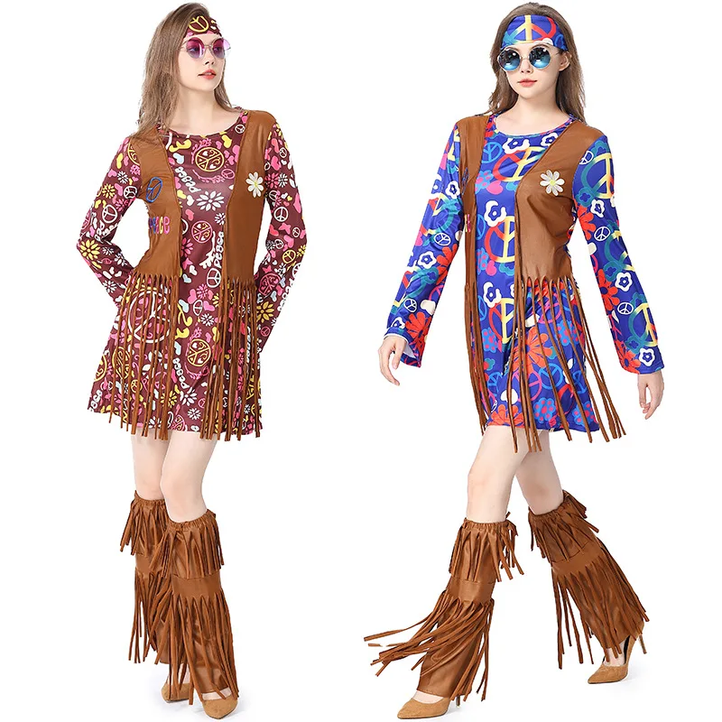 Halloween Kostüme Frauen Retro 1960s Hippie Liebe Frieden Kostüm indische Quasten Hippie Cosplay Purim Party Karneval Kostüm