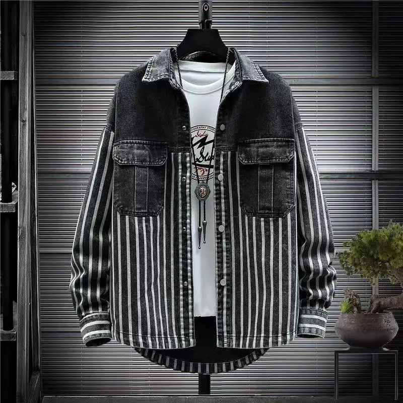 Spring and Autumn Fashion Men's Jacket on The Clothes Korean Version of The Trend Handsome Men's Casual Shirt Striped Denim Coat