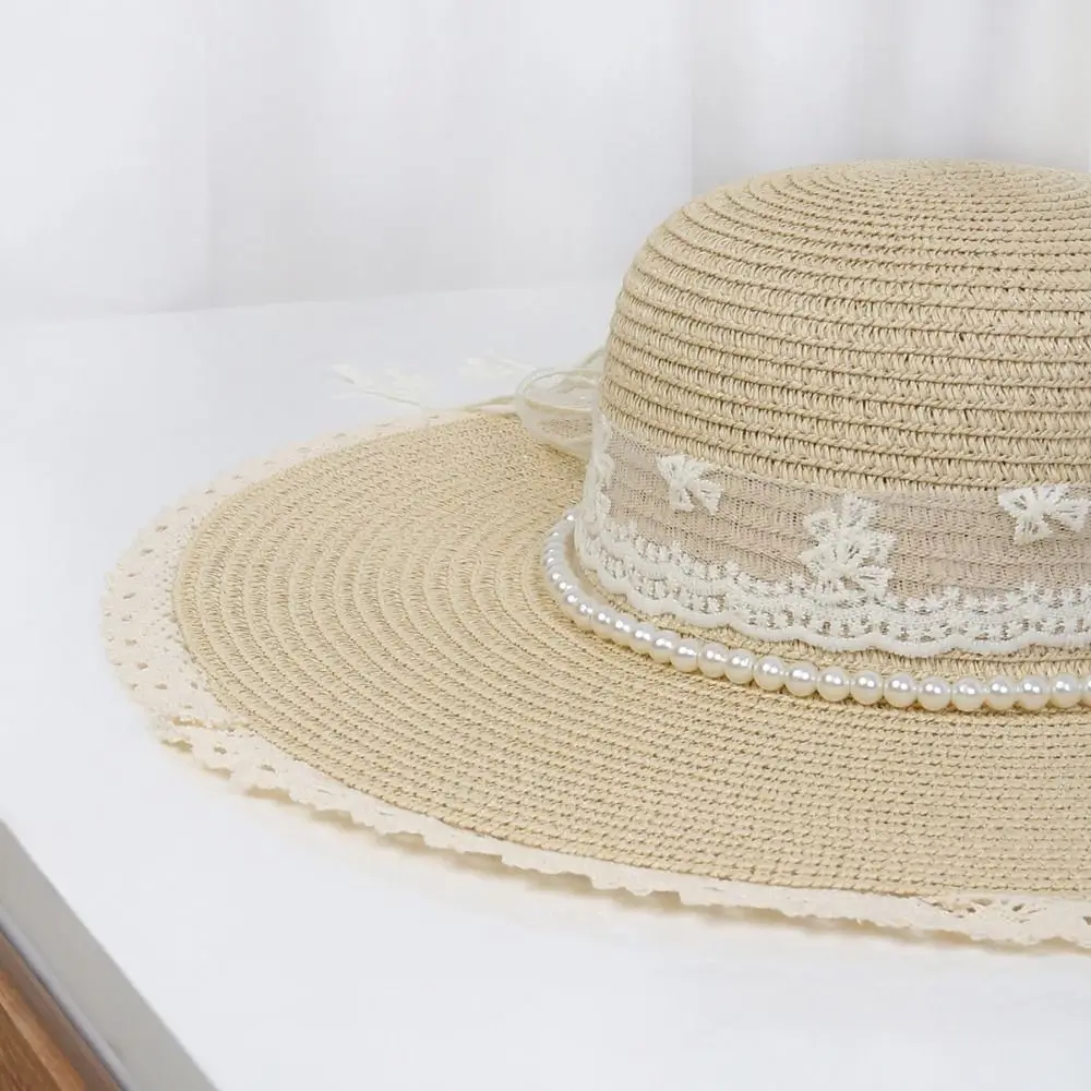Милая элегантная соломенная шляпа с широкими полями и жемчужной цепочкой, плетеная панама в корейском стиле, удобная в ношении, дышащая пляжная шляпа для девочек
