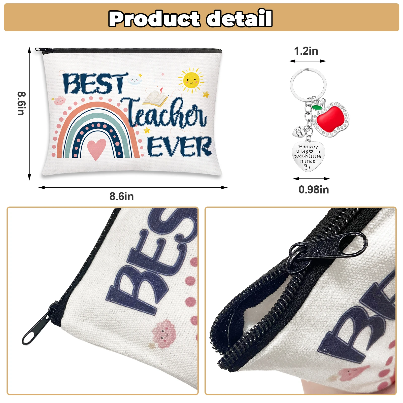 Teacher Appreciation Gifts Set, 6 PCS Makeup Cosmetic Bags with 6PCS Heart-Shaped Keychains with Diamonds, Valentines Graduation