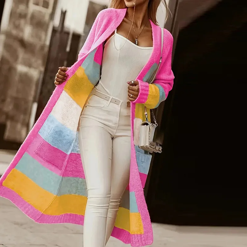 

New Elegant Clashing Color Knitted Cardigan Autumn Casual Long Sleeve Loose Sweater Coats Winter Women's Fashion Pocket Jackets