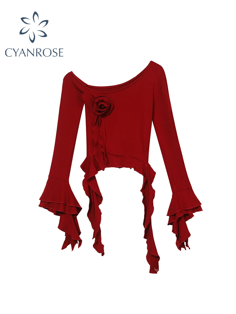 

Women Wine Red T-shirt Harajuku Korean Y2k Tee Top Vintage Aesthetic Solid Color Long Sleeve T-shirts 2000s Clothes 2024 Summer