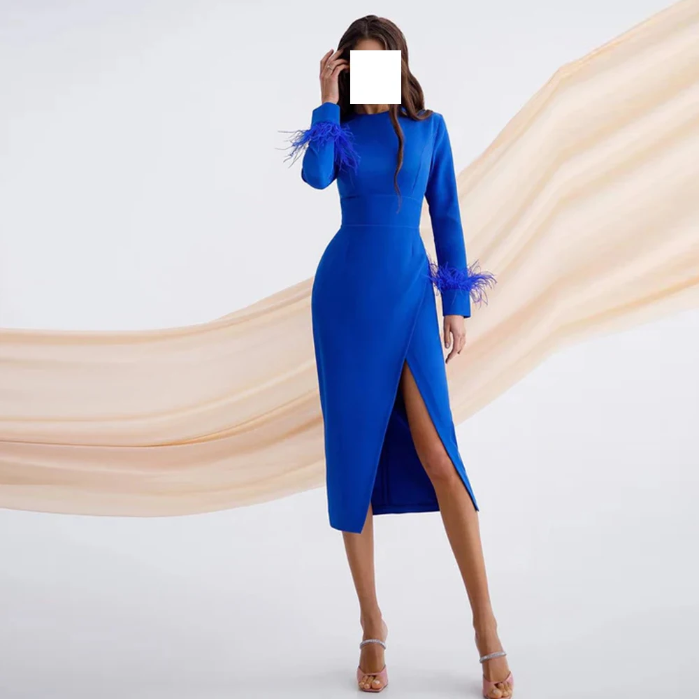 

Classic Blue Jersey Long Sleeves Evening Dress Formal Crew neck Tea Length Straight Pleats Front Silt Custom Made Prom Gowns