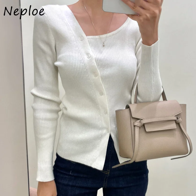 Neploe Square Collar Irregular Solid Color Outerwear Vintage Sweater Women Long Sleeve Single-breasted Slim Cardigan Mujer Y2k