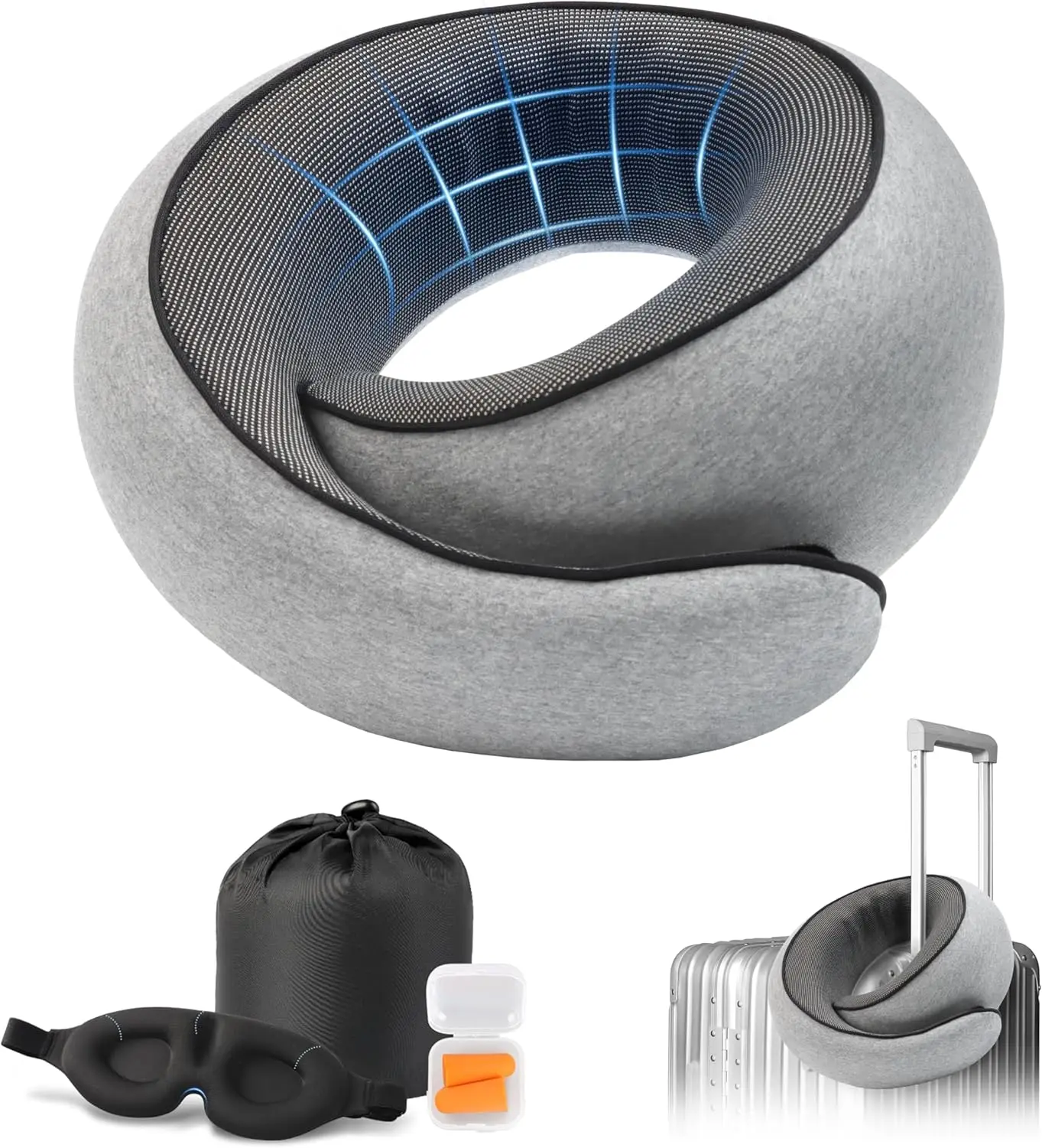 

Travel Neck Pillow with Eye Mask & Ear Plugs, Memory Foam for Plane, Car, Office, Home – Grey