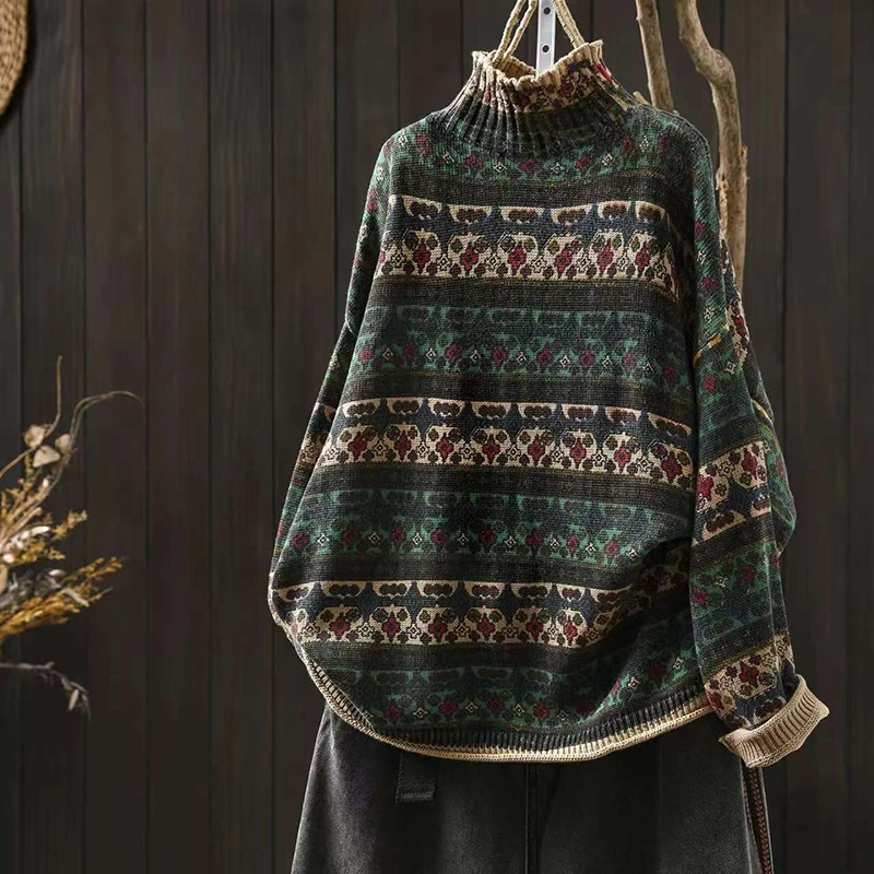 Women Long Sleeve Casual Sweater New 2025 Autumn Vintage Style Half High Collar Floral Pattern Female Knitted Pullover M2108