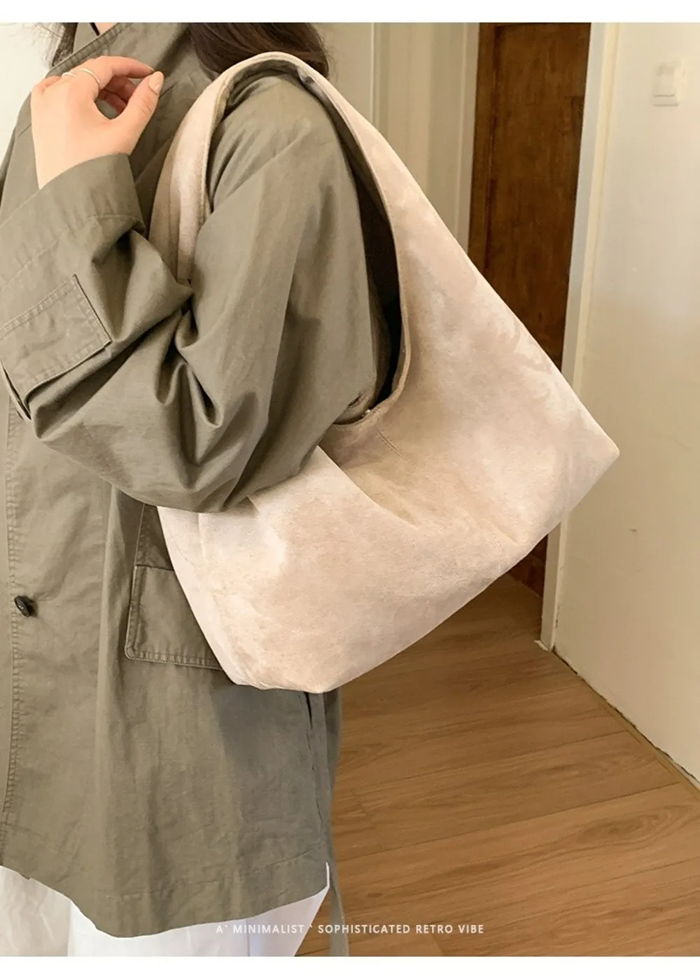 Lässige Retro-Damen-Schultertasche aus Wildleder mit großem Fassungsvermögen, einfarbige Shopper-Tasche – Detail 20