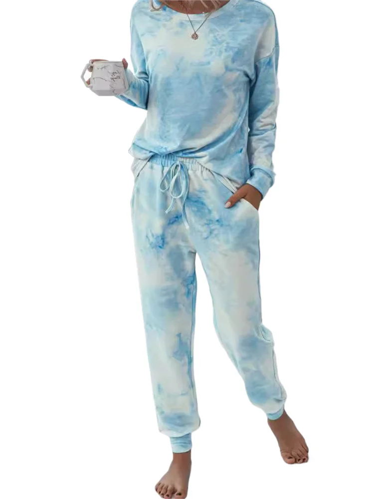 

Autumn Women's Suit Fashion Tie Dye Two Piece Set Casual Loose V Neck Top And Pencil Pants Set 2025 Outfit Comfortable Homewear