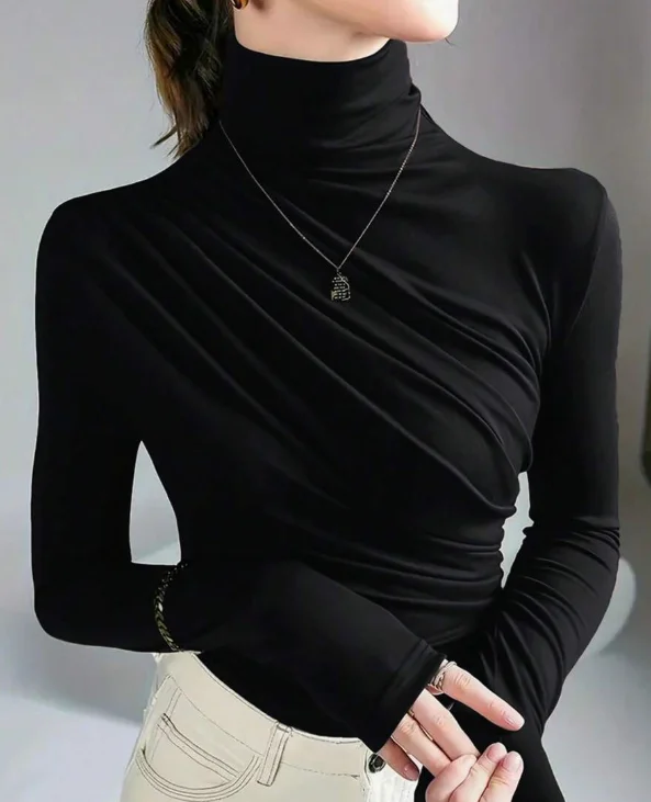 Herbst Damen Rollkragen Langarm-Oberteil Elegante Diagonal Geraffte Slim-Fit Bluse Einfarbiges Plissiertes Basic-Shirt Modisch Lässig – Detail 5
