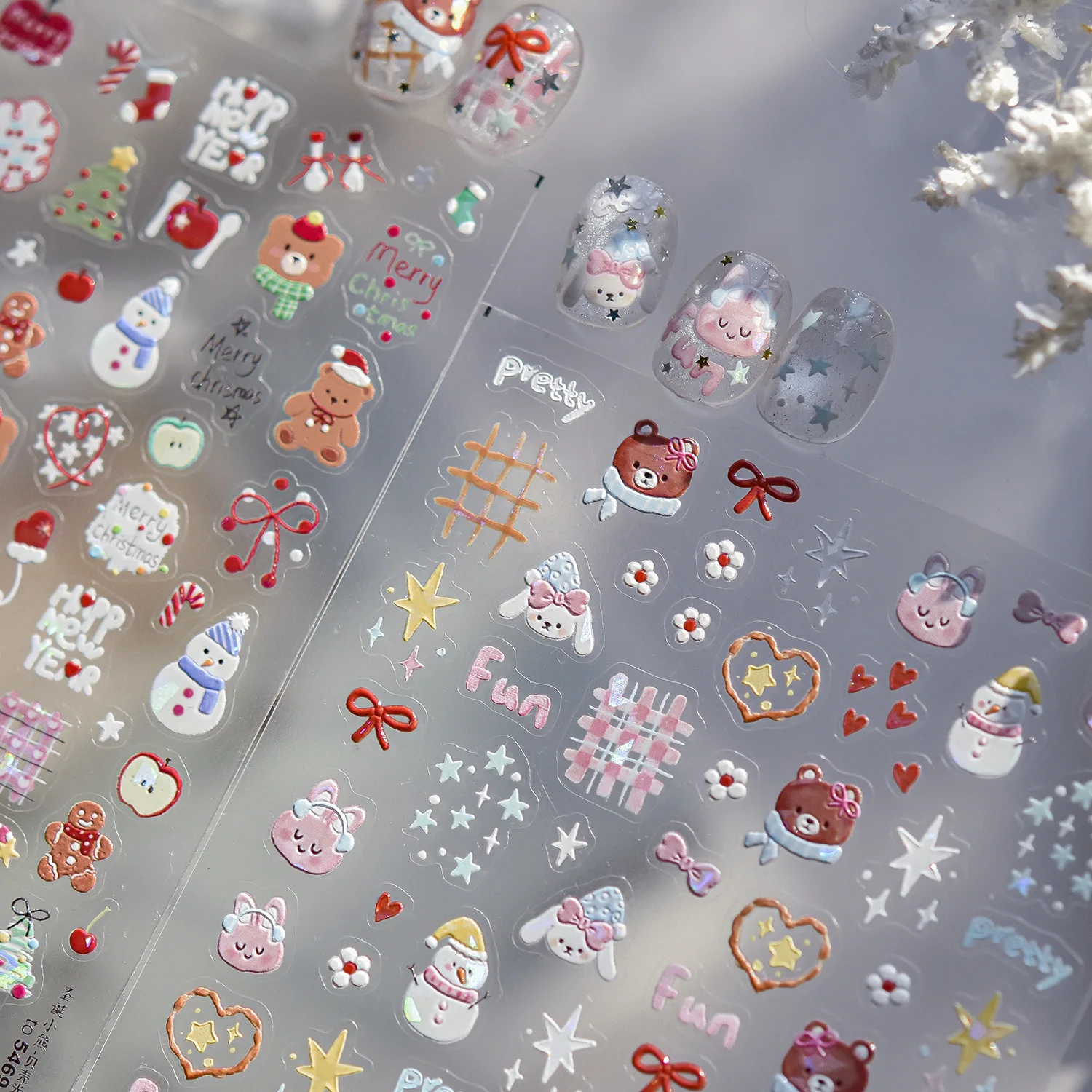 

Christmas Tree Rabbit Bear Snowman Gifts Gingerbread Ornaments Shell Light Nail Stickers Cute Sweet Nail Sticker Materials