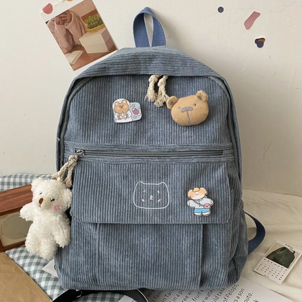 Large Capacity Women Backpack Cute Zipper Pure Color School Backpack Corduroy Corduroy Backpack Students