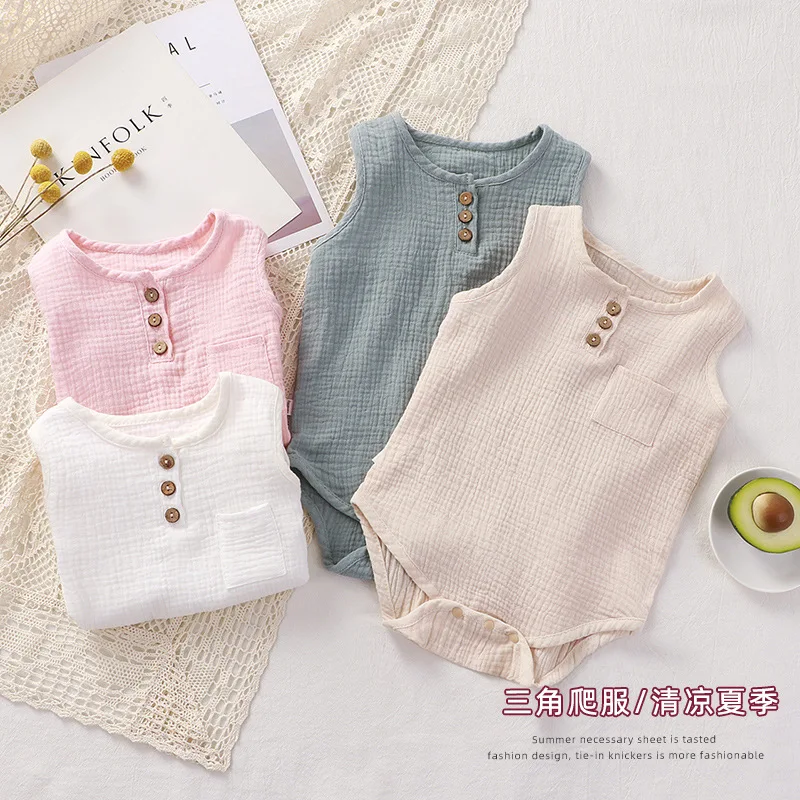 

Baby Onesie Summer Thin Cotton Gauze Men and Women Baby Sleeveless Fart Bag Pajamas Baby Triangle Climbing Clothes