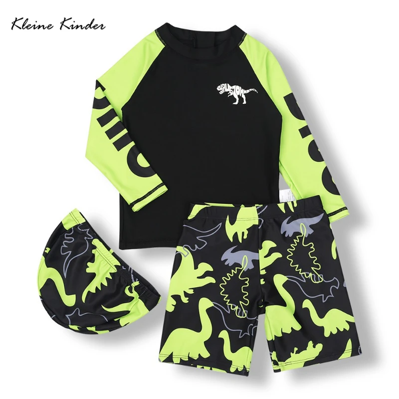 Baby Boys' Toddler Long Sleeved Rashguard Swim Bathing Suit Set Dinosaur UV Swimwear for Boys 3 Pcs UPF50 Swimsuit for Children