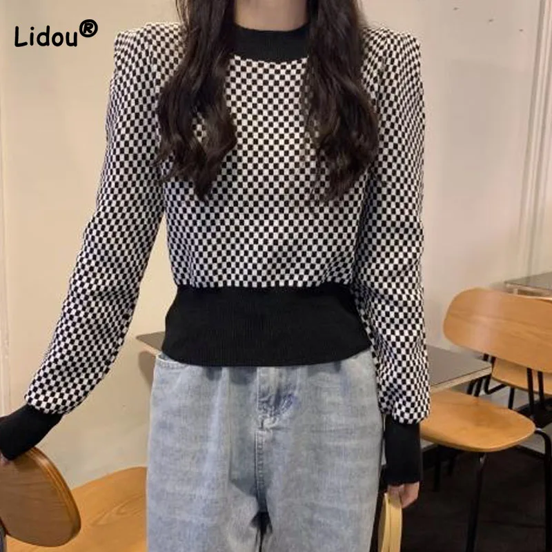 

Spring Fashion Temperament Plaid Short Knitted T-shirt Women's Clothing 2023 Korean Long Sleeve Slim Waist Sweaters for Female