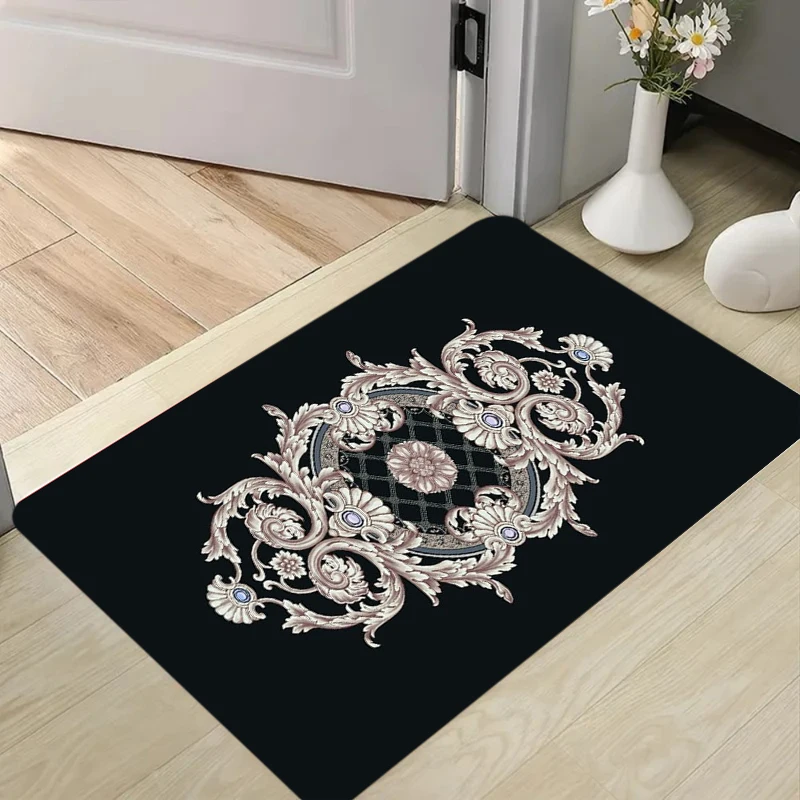 Black Beige Baroque Carpet Mat Rug White Floral  Pattern Classic Ornate Durable Home Decoration for Door Mat Entryway Indoor Rug