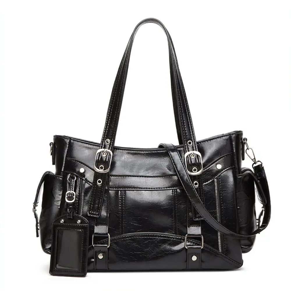 Trendy Motorcycle Style Tote Bag Women Pu Leather Handbag Large Capacity Streetwear Shoulder Crossbody Bag Designer