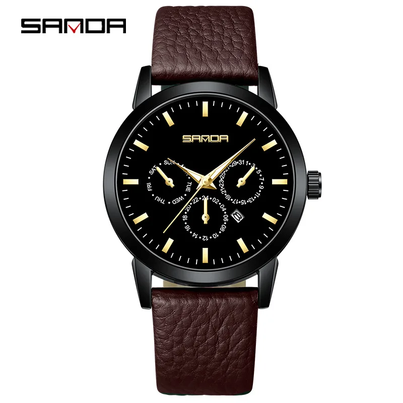 ساعة Sanda للرجال بثلاث عيون وستة أيدي كوارتز ساعة يد بسيطة بتقويم شبكي وحزام مقاوم للماء للزوجين