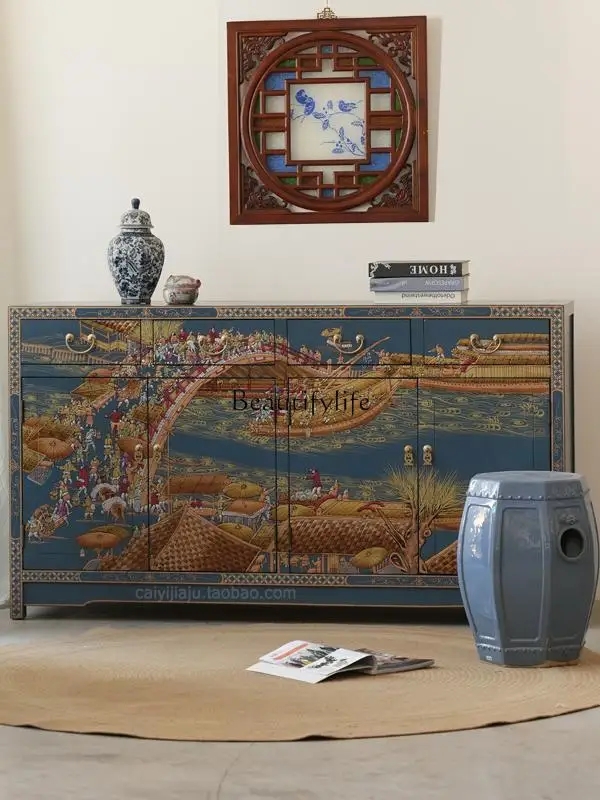 

solid wood painted entrance shoe cabinet foyer decorative storage three-dimensional paint stacking process cabinet