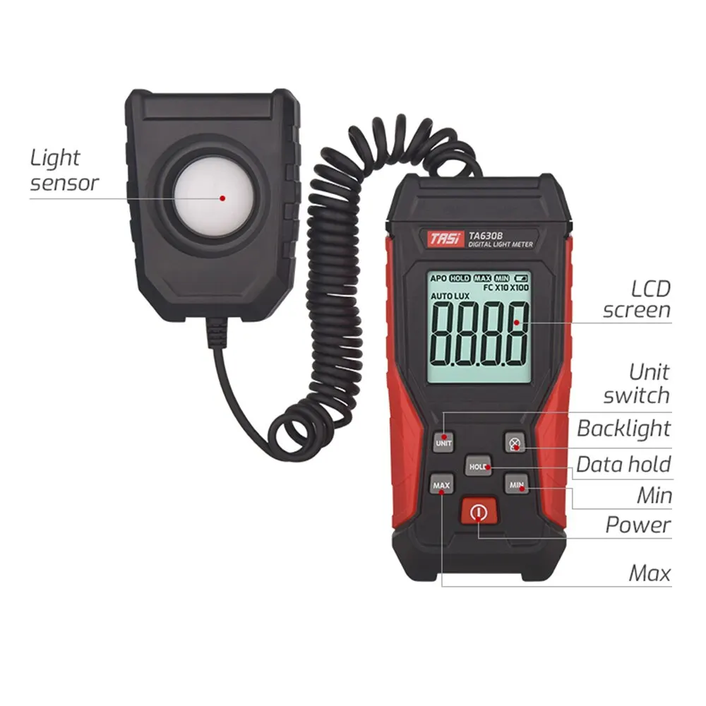 TASI TA630 Luxometer Professional Lux Meter Handheld Light Meter High Accuracy Luxmeter 0.1-200000LUX Illuminometer Photomete