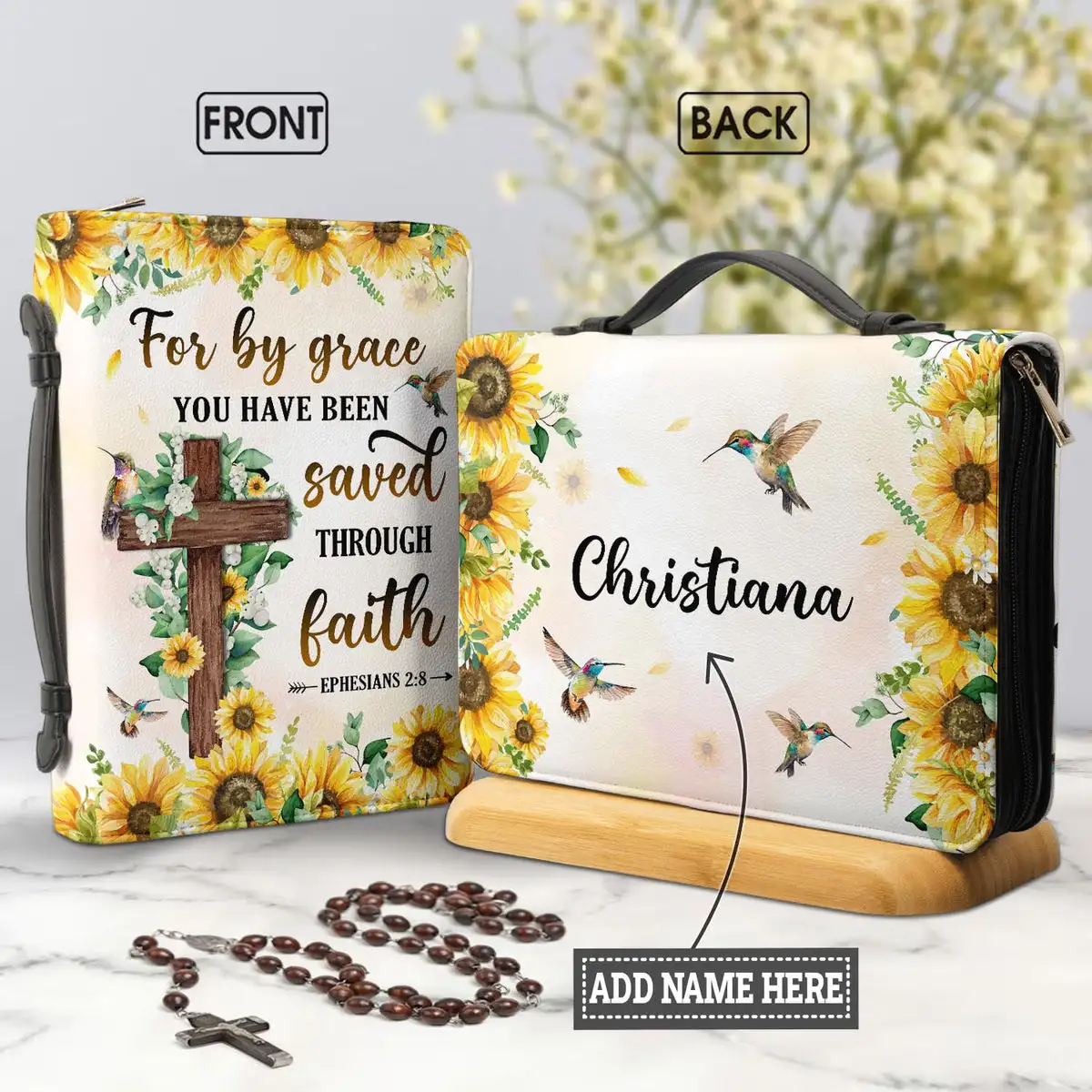 Sunflower Cross Hummingbird Design Leather Bible Bag for Women Bible Verse Print Ladies Handle Handbag 2023 Custom Bible Cover