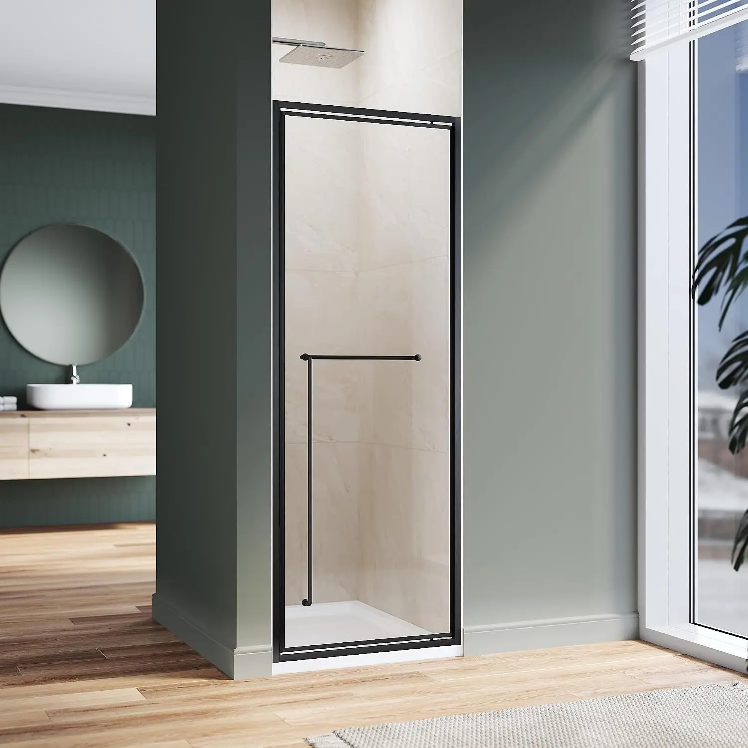 28×72in Black Shower Door 1/4in. Tempered Glass Pivot Swing Shower Door with Handle for Small Bathroom Spaces (Shower Base Not I