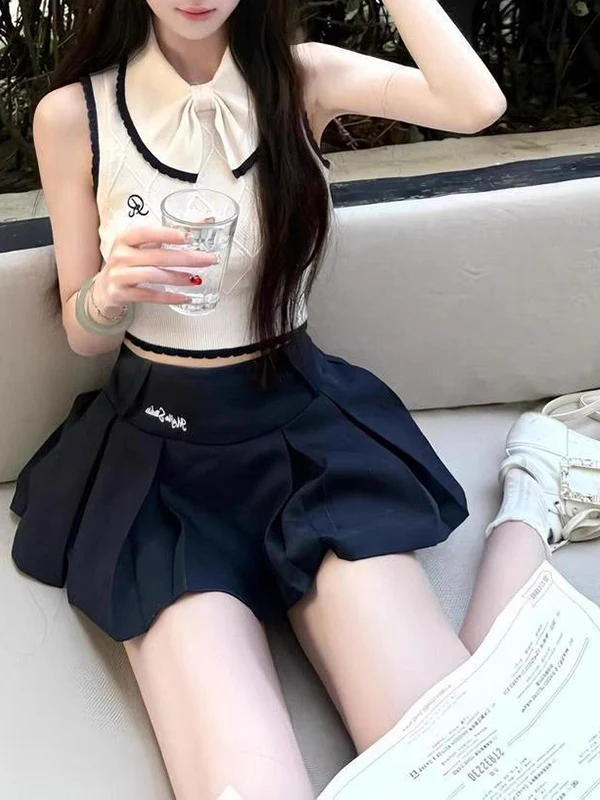 

Spicy Girl Pure Desire College Sle Set Women's Summer Knitted Vest Top High Waist Pleated Skirt Two Piece Set