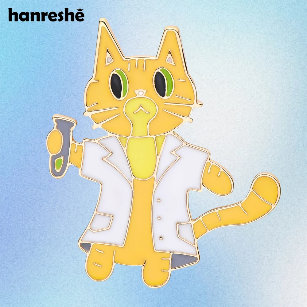 Hanreshe Lovely Lab Cat Scientist Enamel Brooch Science Medical Chemistry Pin Lapel Coat Badge Jewelry Gift
