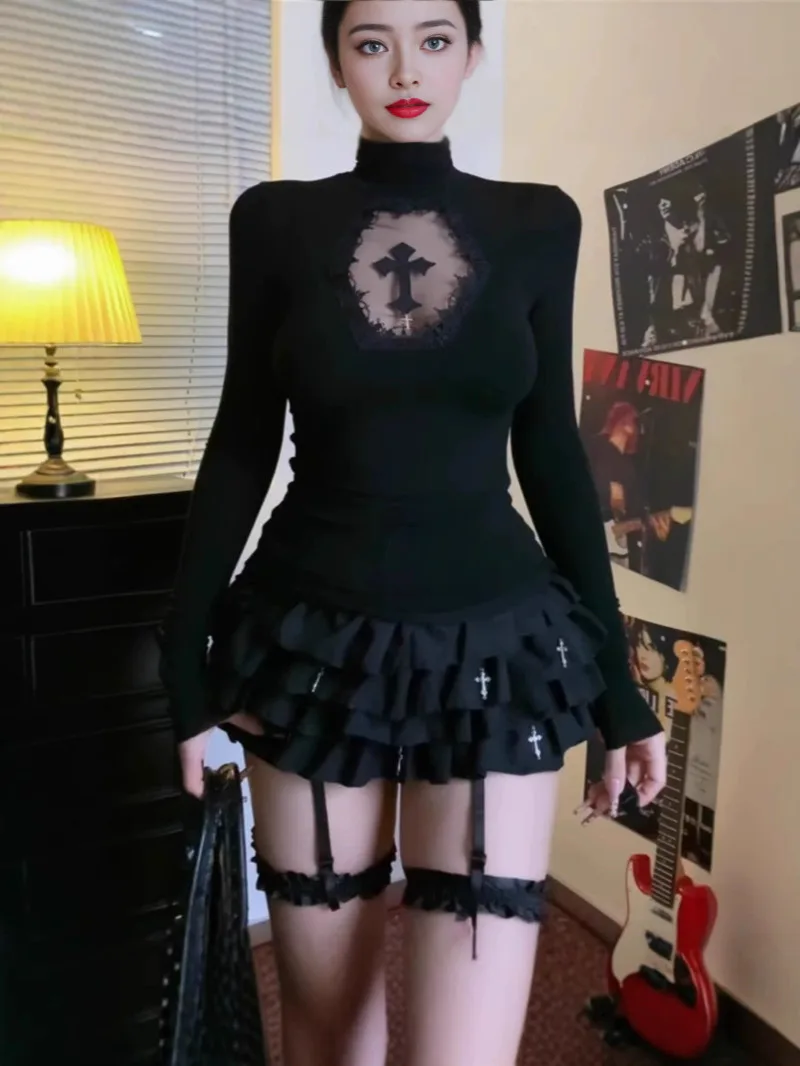High Neck Schwarz Gothic Tees Kreuz Hohl Abnehmen Unten Gestricktes Hemd Frauen Halloween Sexy Y2k T-shirt Frauen Tops BCS4