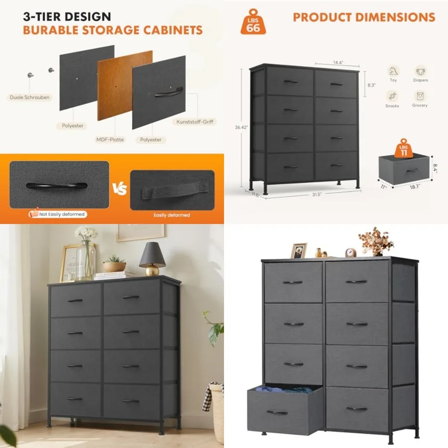 

Dresser for Bedroom, Fabric Dresser with 8 Drawers, Chest of Drawers for Closet, Living Room, Sturdy Steel Frame, Wooden Top, E