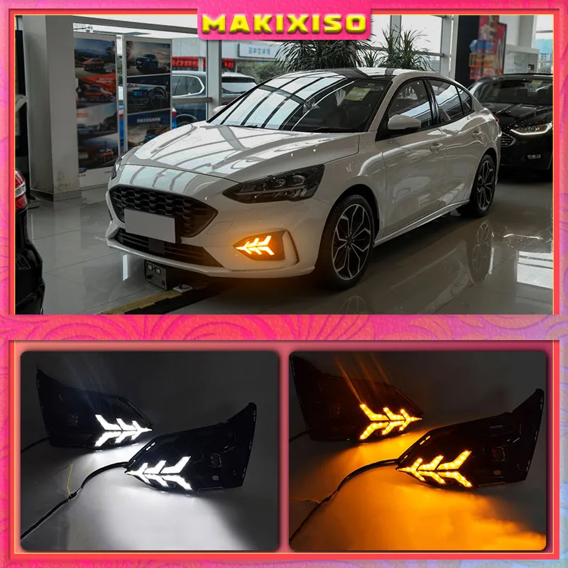 

2PCS DRL Car LED Daytime Running Light fog lamp driving light with Turning Yellow Signal style Relay for Ford Focus 2019