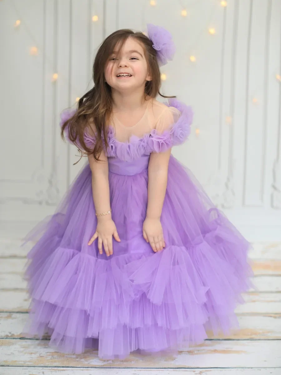 

Multi Layers Pageant Dresses For Baby GIrls Satin Bowknot Pleated Tulle Floor Length Wedding Flower Girl Dress A-Line