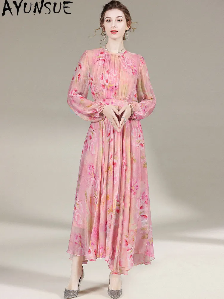 AYUNSUE 100% Natural Mulberry Silk Party Dress High-end Elegant Dresses for Women Summer Woman Clothes Print Vestidos De Mujer