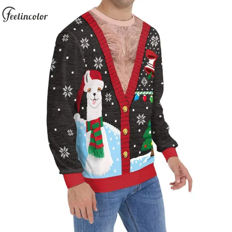 Alpaca Ugly Christmas Sweatshirts for Men Santa Claus Elk Graphic Pullover Fake Two Pieces 3D Print Hoodies Xmas Couple Clothes