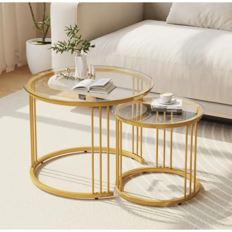 

Nesting Coffee Table for Living Room Bedroom Balcony, Glass Top with Gold Metal Frame, 23.6 Round Set of 2, Modern Space-Saving