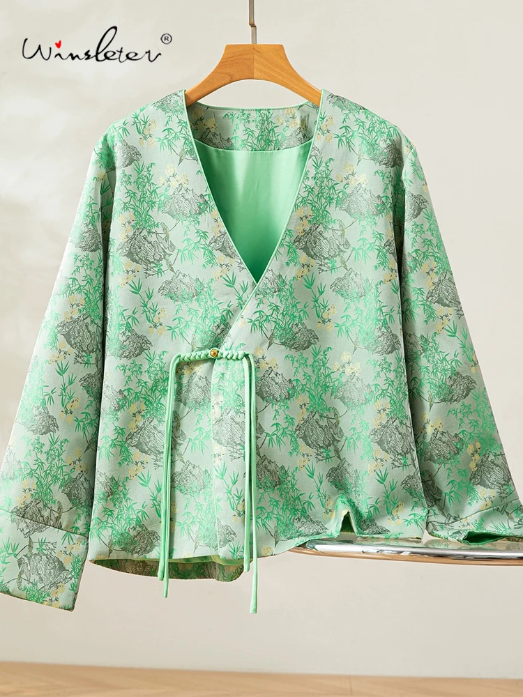 

Winsleter-100% Элегантное пальто из парчи из настоящего шелка Song, бамбук с V-образным вырезом, женское свободное пальто в новом китайском стиле в стиле ретро, осень 2023, C5N443CC