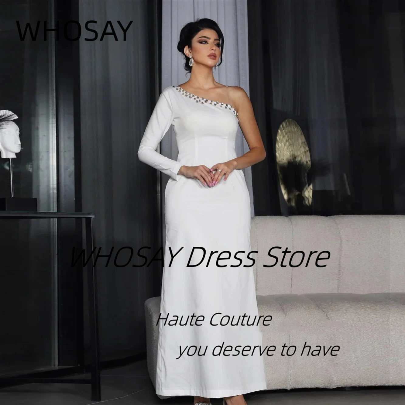 

WHOSAY Индивидуальные платья для выпускного вечера на одно плечо с кристаллами и длинными рукавами, вечернее специальное платье, сексуальные халаты сзади De Soirée