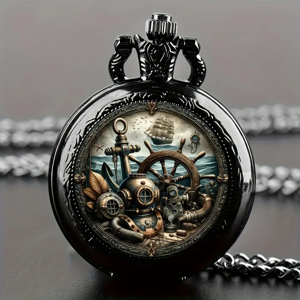 Retro sailing sailboat and anchor quartz pocket watch - World Time, alloy case, non waterproof, chain necklace pendant,