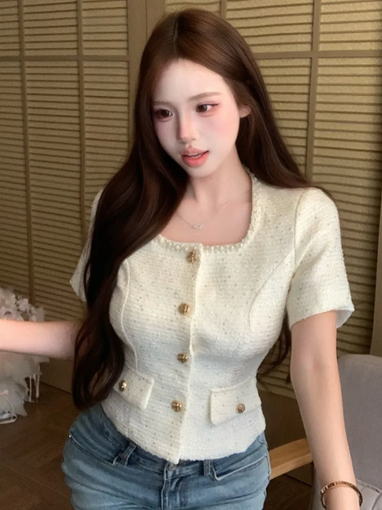 

Summer New Style Women's Slim Fit Short Sleeve Shirt Heavy Beading Square Collar Light Sequin Elegant Fashionable Top