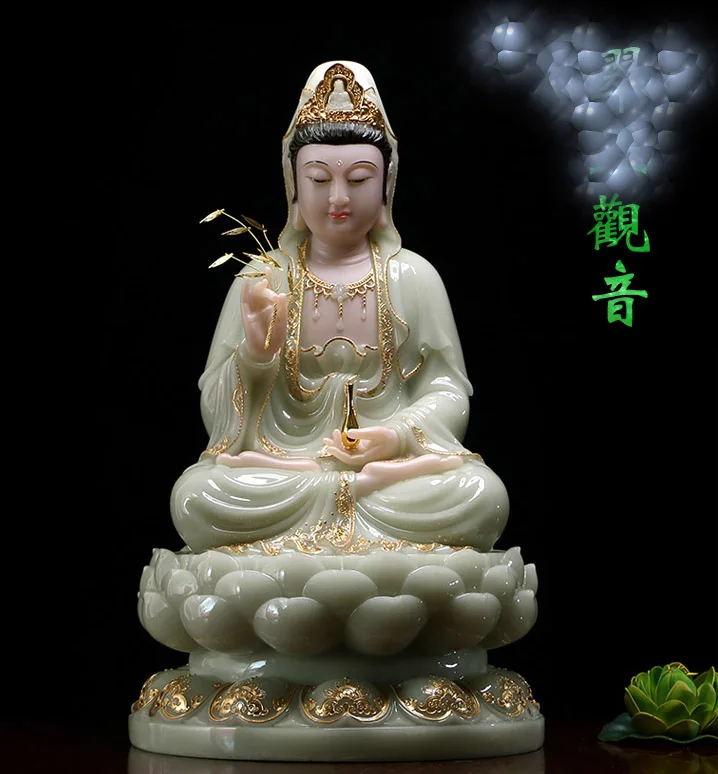 30cm LARGE-  high-grade home TOP efficacious Talisman Mascot Guanyin Buddha Natural jade  gilding carving Sculpture statue