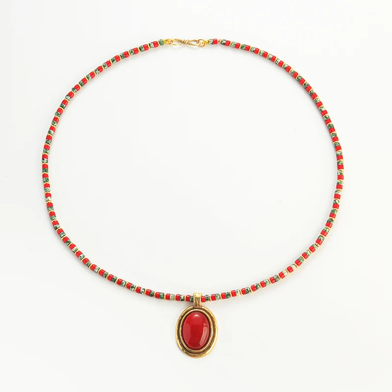 New Bead Pendant Necklace Antique Jewelry Red Agate Stone Natural Alternate With Green Glass Vintage Accessories For Women